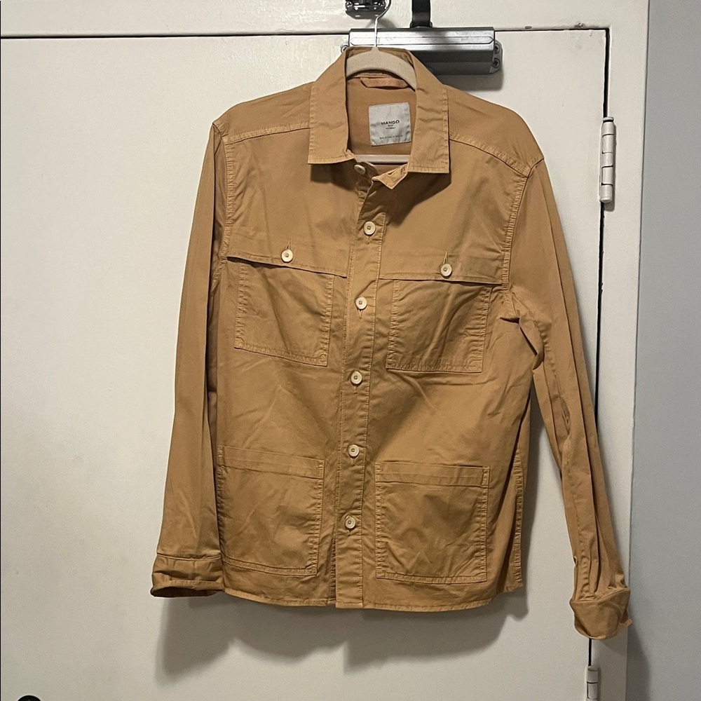Mango Men's Light mustard yellow  Button-Up Utility Shirt Jacket